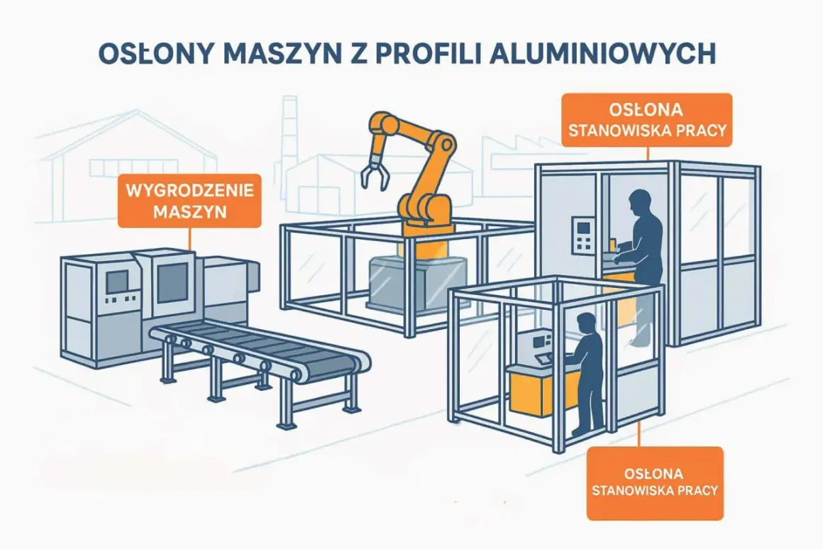 Ilustracja przedstawia **layout hali produkcyjnej** z maszynami, robotem i stanowiskami pracy, wszystko otoczone osłonami z profili aluminiowych.