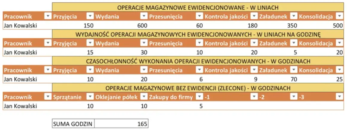 Tabela z danymi pracownika Jana Kowalskiego, pokazująca jego wyniki w różnych operacjach magazynowych. Wyniki te mogą być podstawą do przyznania premii pracownikom.