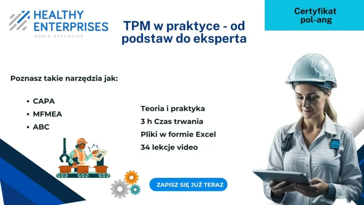 Szkolenie TPM: poznaj narzędzia CAPA, MFMEA, ABC. Certyfikat pol-ang. Teoria i praktyka, 3h, pliki Excel, 34 lekcje video. Zapisz się!