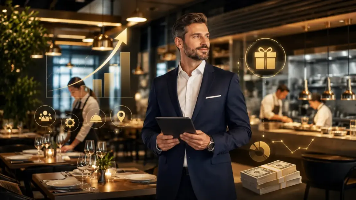 Kierownik restauracji analizuje wykresy wzrostu i stosy pieniędzy, planując przyszłe zarobki.