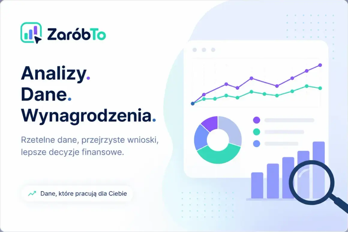 Analizy, dane i wynagrodzenia. Wykresy, diagramy i lupa wskazują na analizę danych, w tym medianę wynagrodzeń, dla lepszych decyzji finansowych.