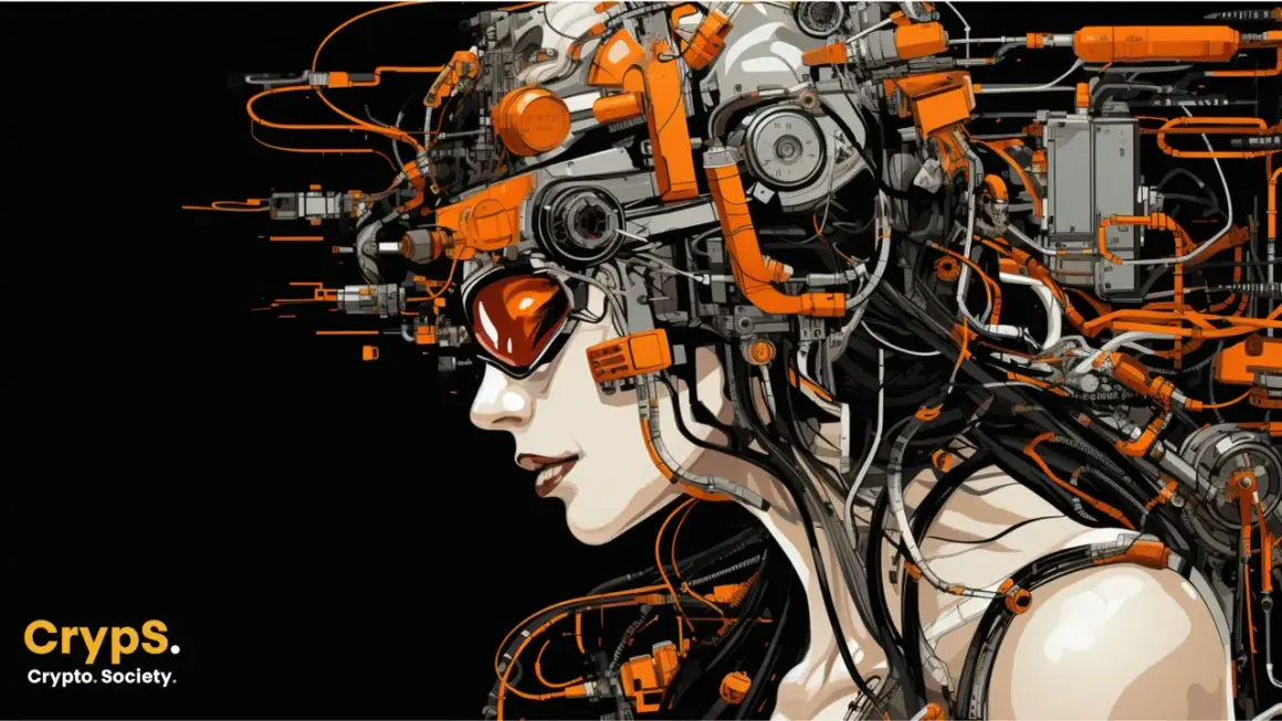 Cyberpunkowa kobieta z pomarańczowymi elementami mechanicznymi i okablowaniem.