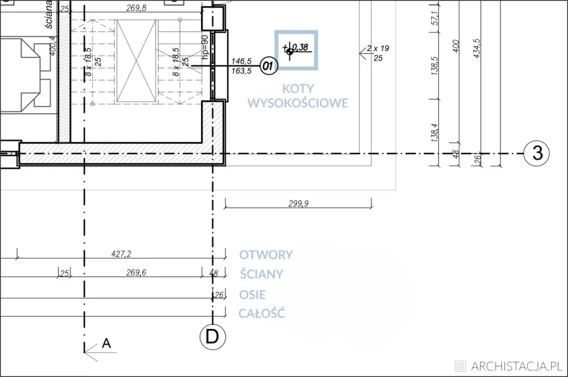Fragment rysunku technicznego z wymiarami i oznaczeniami, pokazujący jak czytać rysunek techniczny. Widoczne są ściany, otwory, osie i koty wysokościowe.