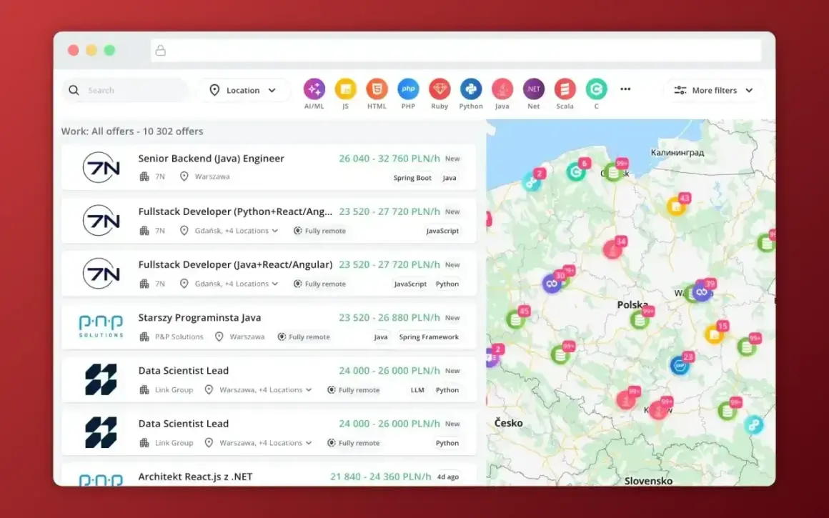 Przegląd ofert pracy: senior developer zarobki od 21 840 do 32 760 PLN/h. Widoczne oferty dla Java, Python, .NET.