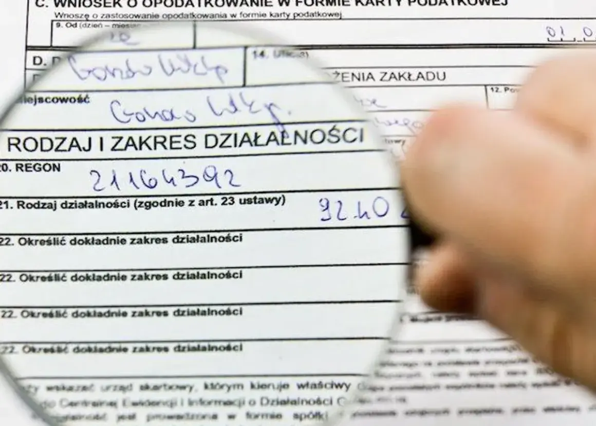 Formularz podatkowy z lupą. Analiza podatek liniowy a VAT, wpisany REGON i rodzaj działalności.