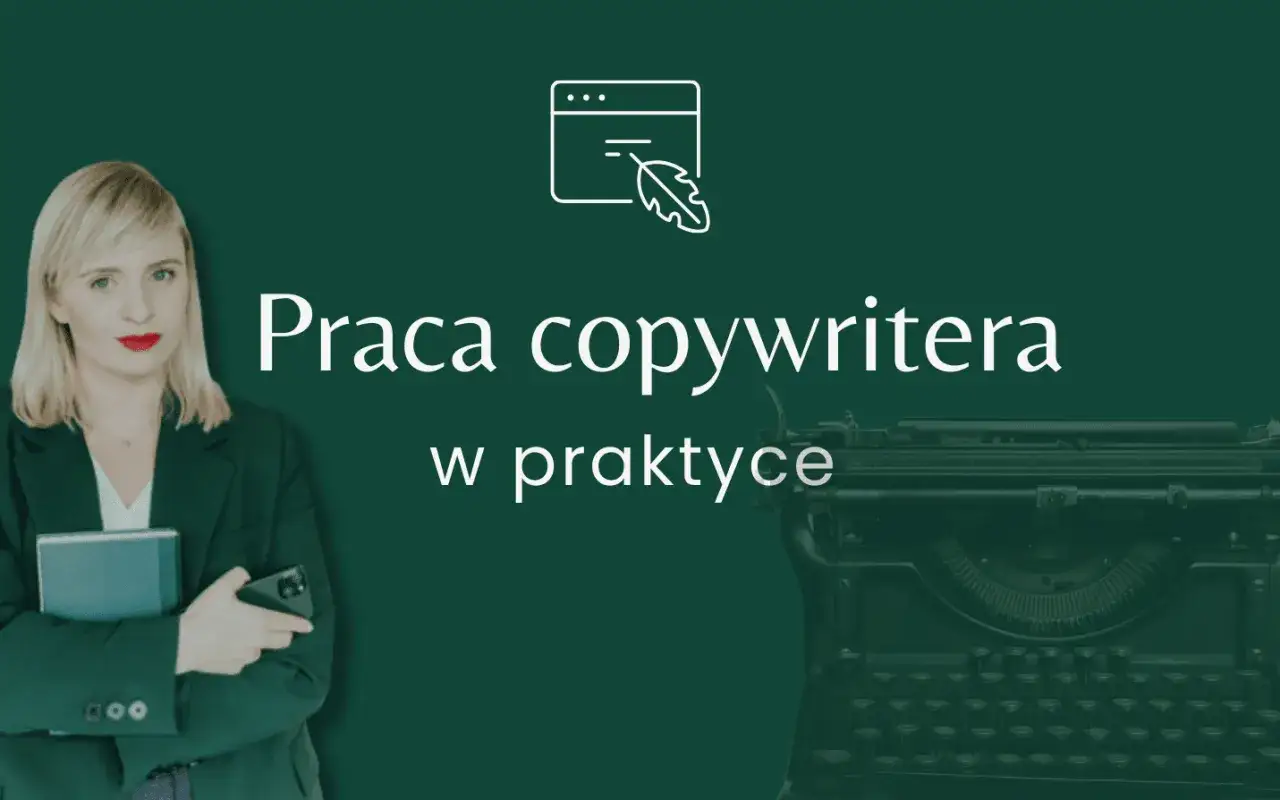 Kobieta z książką i telefonem obok starej maszyny do pisania. Tekst: