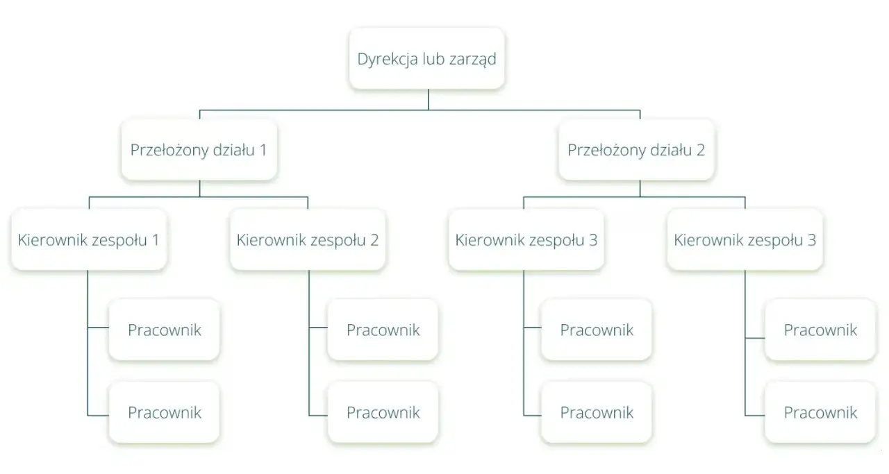 Schemat organizacyjny firmy z podziałem na dyrekcję, przełożonych działów, kierowników zespołów i pracowników. Pokazuje różne obszary zarządzania.