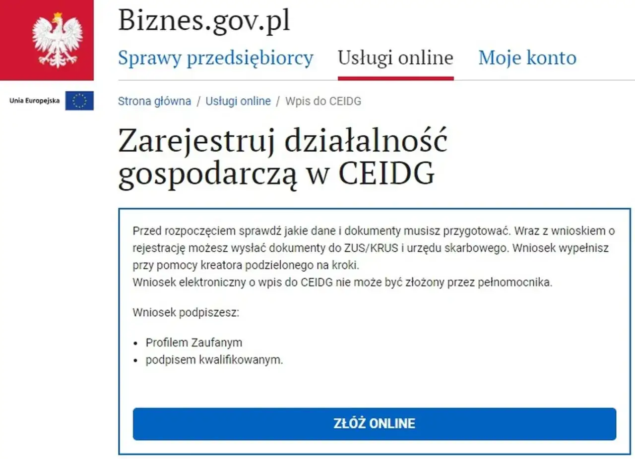 Rejestracja działalności gospodarczej w CEIDG. Złożenie wniosku online to pierwszy krok do samozatrudnienia w Polsce.