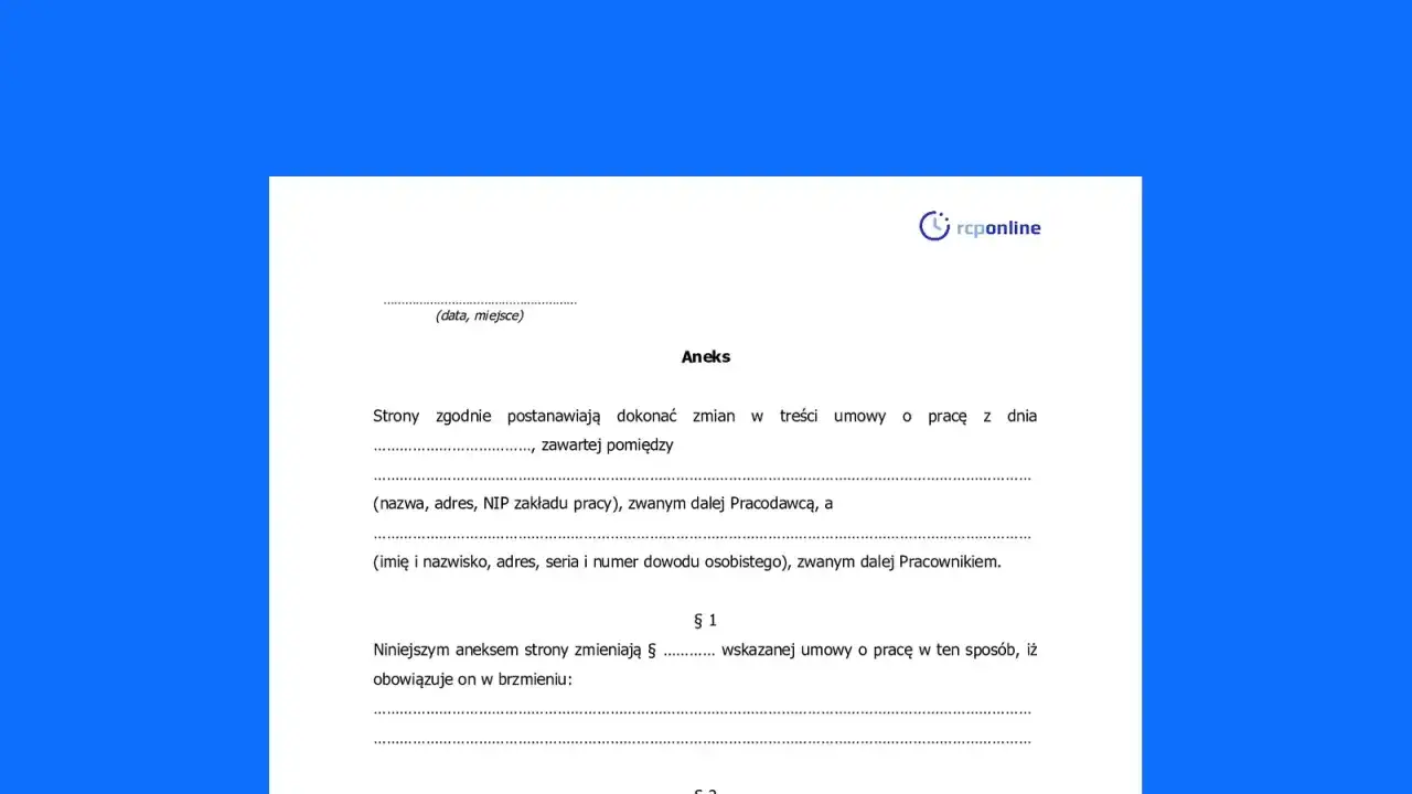 Aneks do umowy o pracę, wprowadzający zmiany w obowiązkach pracownika. Dokument zawiera dane pracodawcy i pracownika.
