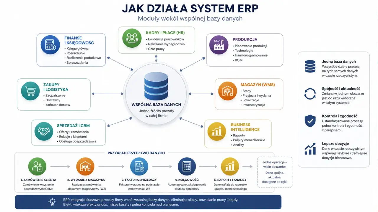 Schemat pokazuje, jak najpopularniejsze systemy ERP integrują moduły: finanse, kadry, produkcję, zakupy, magazyn, sprzedaż i BI wok&oacute;ł wsp&oacute;lnej bazy danych.