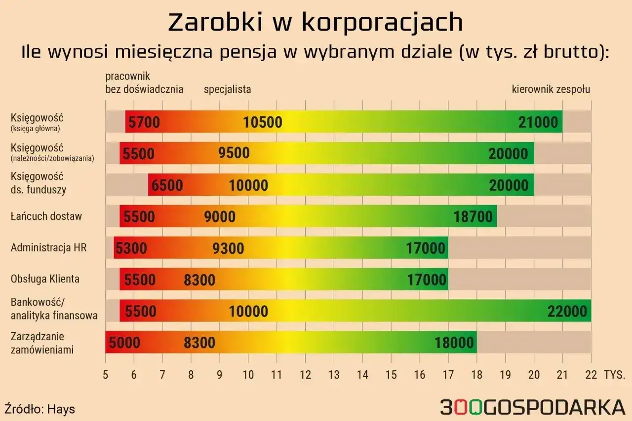 Zarobki w korporacjach: pensje specjalistów i kierowników zespołów w różnych działach. Kierownik zespołu w bankowości/analityce finansowej zarabia najwięcej, co pokazuje, które zawody dużo zarabiają.
