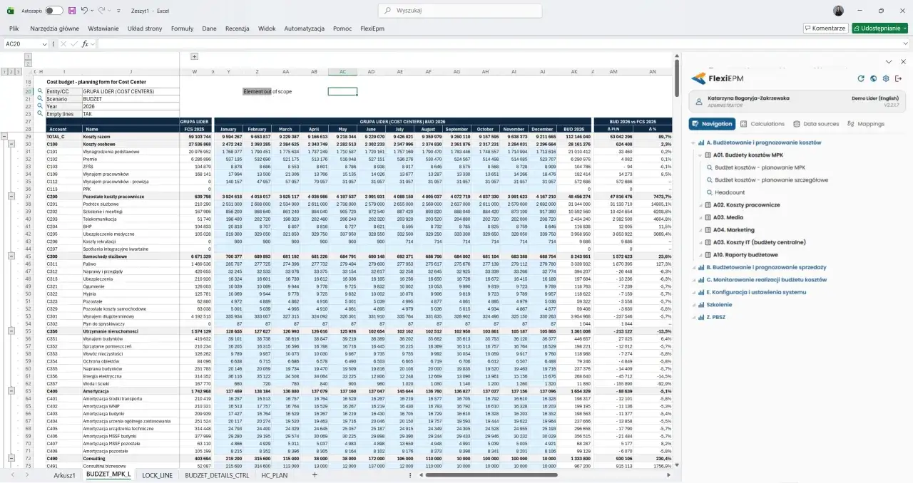 Arkusz Excel z danymi o kosztach w Polsce. Tabela zawiera szczegółowe koszty, takie jak wynagrodzenia, media, marketing, amortyzacja, szkolenia, a także prognozy i analizy budżetowe.