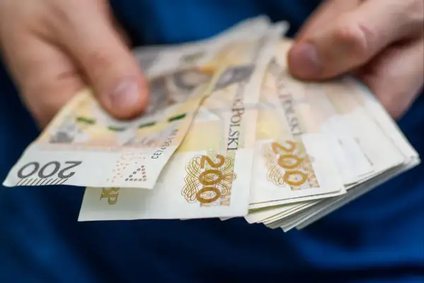 Dłonie trzymające stos banknotów 200 zł. Tak wyglądają zarobki w zawodach, które dużo zarabiają.