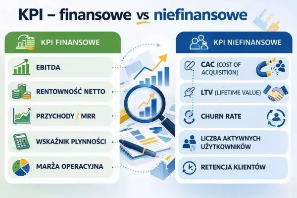 Porównanie KPI finansowych (EBITDA, rentowność) i niefinansowych (CAC, LTV, retencja). Dowiedz się, jak liczyć KPI.