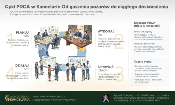 Cykl PDCA w kancelarii: planuj, wykonaj, sprawdź, działaj. To rytm doskonalenia, który pomaga usprawniać procesy, zamiast gasić pożary.