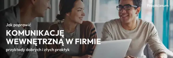 Trzy osoby dyskutują, jak poprawić komunikację w firmie. Na ekranie widoczny jest napis "Komunikacja wewnętrzna w firmie".