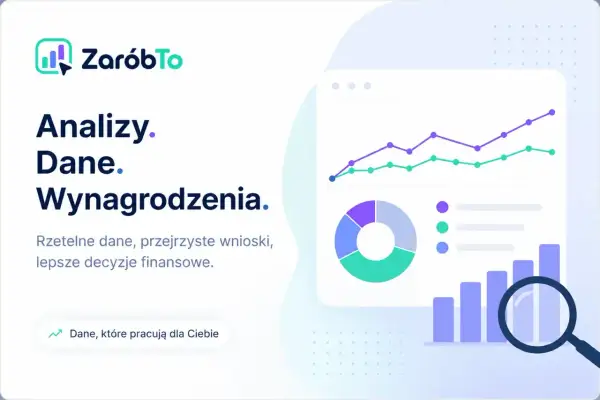 Analizy, dane i wynagrodzenia. Wykresy, diagramy i lupa wskazują na analizę danych, w tym medianę wynagrodzeń, dla lepszych decyzji finansowych.