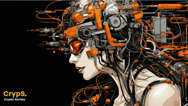 Cyberpunkowa kobieta z pomarańczowymi elementami mechanicznymi i okablowaniem.