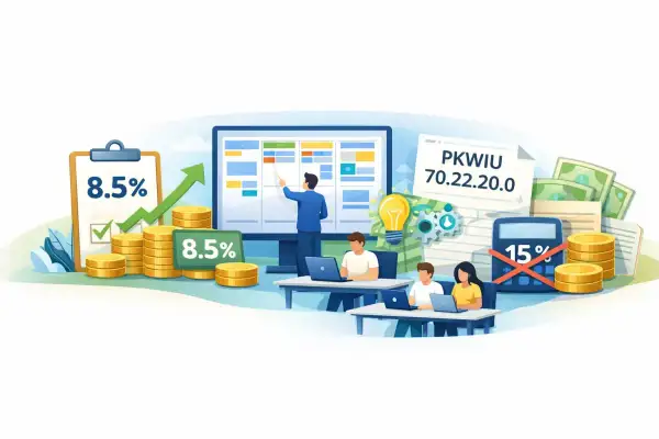 PKWIU programista analizuje dane finansowe, rosnące wykresy i stosy monet. Zespół pracuje nad projektem.