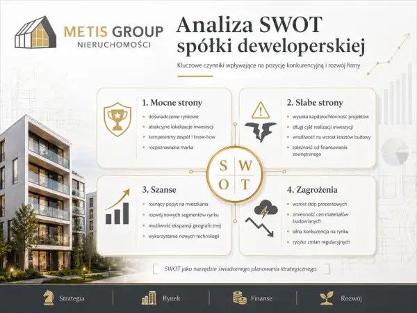 Podsumowanie analizy SWOT Metis Group: mocne strony, słabe strony, szanse i zagrożenia dla spółki deweloperskiej.