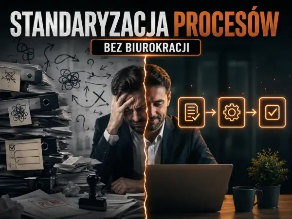 Mężczyzna zrezygnowany przy stosie dokumentów, obok schematyczny proces. Standaryzacja pracy to klucz do sukcesu.